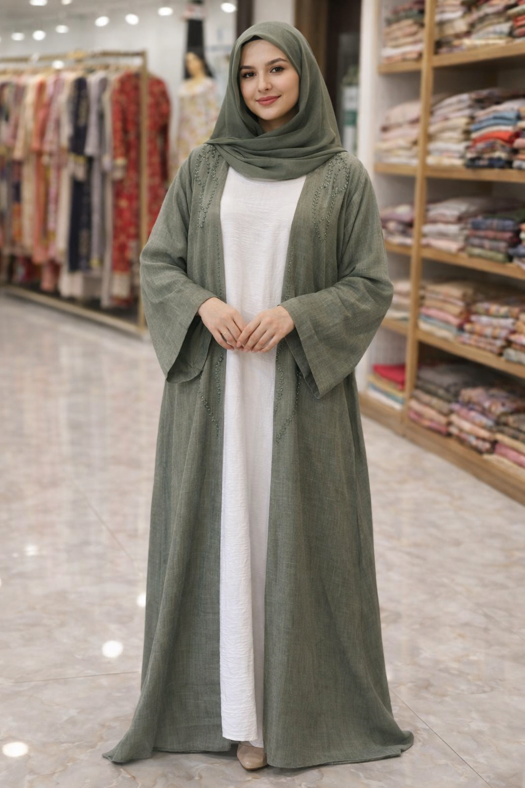 Imported Sage Green Open Abaya with Inner