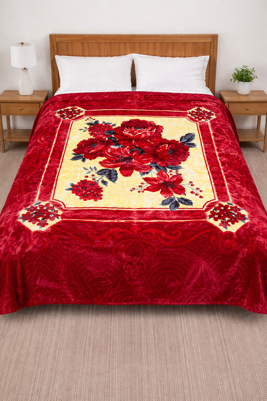 Imported Two-Ply Super Soft Blanket | Red Floral Design